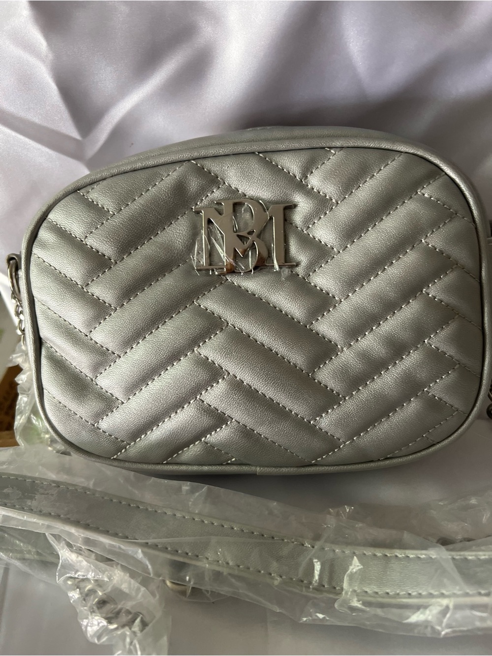 Badgley Mischka Silver Quilted Crossbody with Monogram Hardware